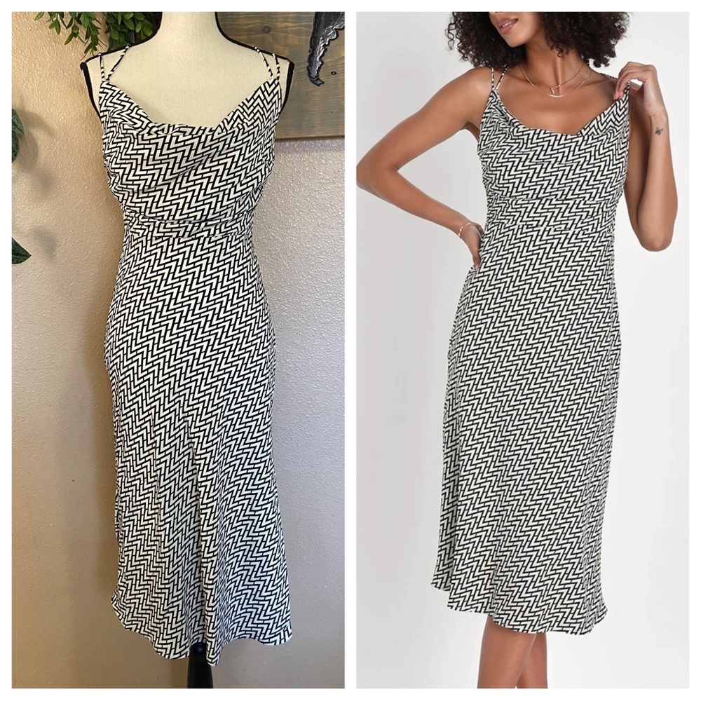 NWOT Lulus Sincerely Effortless Black and White Abstract Print Midi Dress